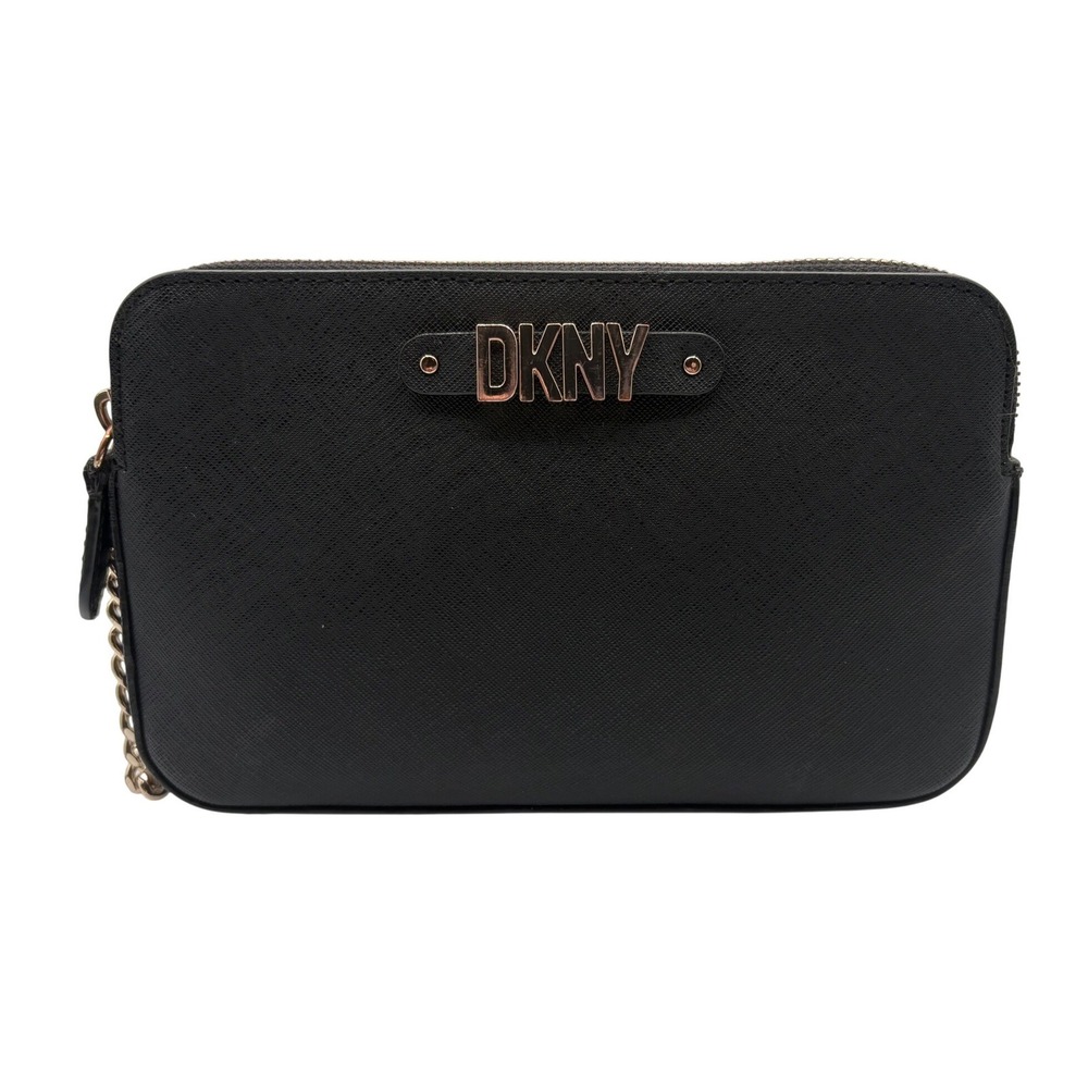 DKNY Crossbody Bag Womens Small‎ Black Excellent Saffiano Leather Gold Logo